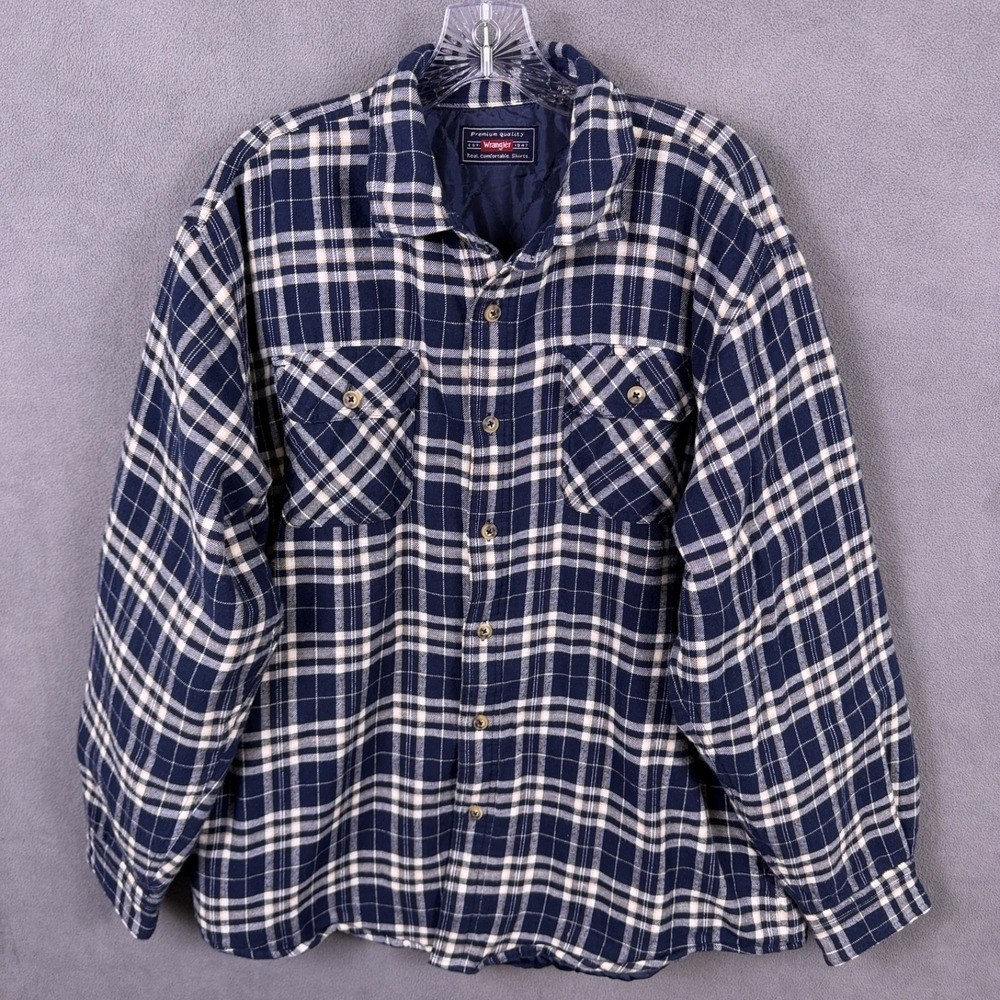 Wrangler Mens Shacket Flannel Jacket Large Blue Quilt Lined‎ Plaid Work